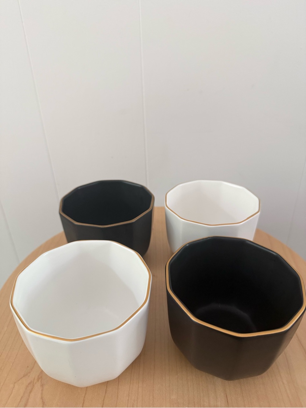 CB2 Black & White Ceramic Queenie Bowls with Gold Rim - Set of 4